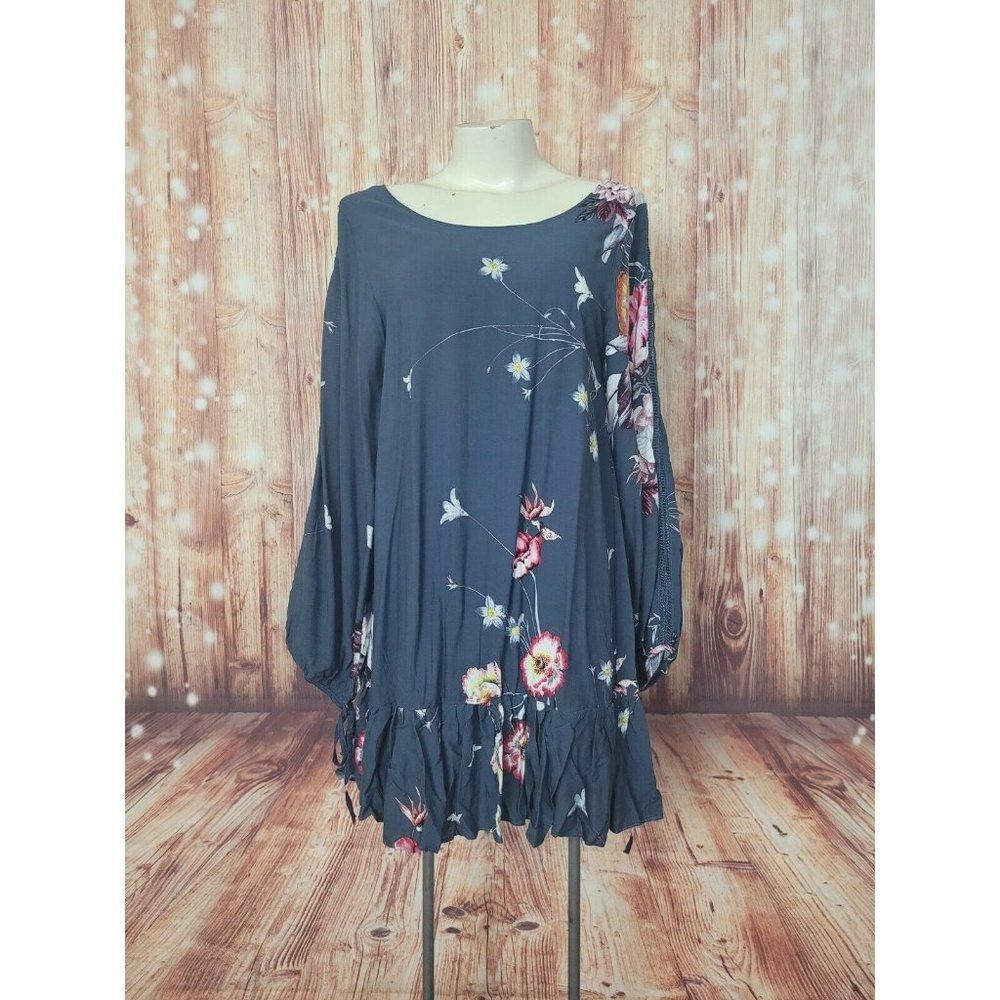 JAASE Summer Sunshine Maya Blue Floral Short Ruffled Oversized Dress Size Small